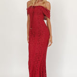 Enigma Off-Shoulder Maxi Dress Lace Wine