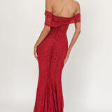 Enigma Off-Shoulder Maxi Dress Lace Wine