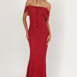 Enigma Off-Shoulder Maxi Dress Lace Wine