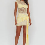Baie Hip Sash Lace Overlay Mini Dress Lemon