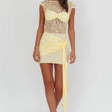Baie Hip Sash Lace Overlay Mini Dress Lemon