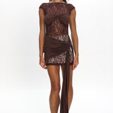 Baie Hip Sash Lace Overlay Mini Dress Chocolate