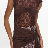 Baie Hip Sash Lace Overlay Mini Dress Chocolate