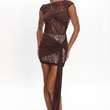 Baie Hip Sash Lace Overlay Mini Dress Chocolate