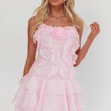 Sweetest Things Frill Trim Rosette Mini Dress Pink