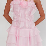 Sweetest Things Frill Trim Rosette Mini Dress Pink