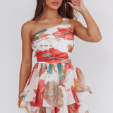 Raelene One-Shoulder Ruffle Romper Floral Red