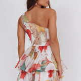 Raelene One-Shoulder Ruffle Romper Floral Red
