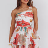 Raelene One-Shoulder Ruffle Romper Floral Red