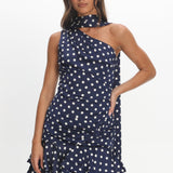 Truett One-Shoulder Sash Mini Dress Polka Dot Navy