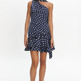 Truett One-Shoulder Sash Mini Dress Polka Dot Navy
