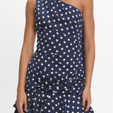 Truett One-Shoulder Sash Mini Dress Polka Dot Navy