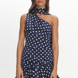Truett One-Shoulder Sash Mini Dress Polka Dot Navy