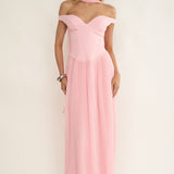 Quinnae Off-Shoulder Accordion Pleat Maxi Dress Pink
