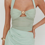 Sandy Shell Buckle Halter Maxi Dress Sage
