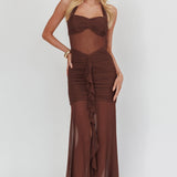 Rayah Sheer Insert Ruched Maxi Dress Chocolate