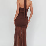 Rayah Sheer Insert Ruched Maxi Dress Chocolate