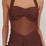 Rayah Sheer Insert Ruched Maxi Dress Chocolate