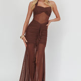 Rayah Sheer Insert Ruched Maxi Dress Chocolate