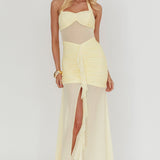 Rayah Sheer Insert Ruched Maxi Dress Yellow