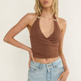 Zima Gold Accent Surplice Neckline Halter Top Chocolate