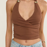Zima Gold Accent Surplice Neckline Halter Top Chocolate