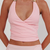 Zima Gold Accent Surplice Neckline Halter Top Pink