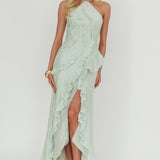 Nerisse Textured Frill Halter Maxi Dress Sage