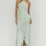 Nerisse Textured Frill Halter Maxi Dress Sage