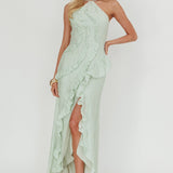 Nerisse Textured Frill Halter Maxi Dress Sage