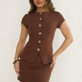 Arlina Gold Button Mini Skirt Chocolate
