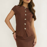 Arlina Cap Sleeve Button Top Chocolate