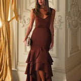Baylin Layered Mermaid Hem Maxi Dress Coffee