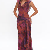 Virgo Season Draped Shoulder Maxi Dress Dark Rose