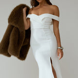 Rider Off-Shoulder Front Split Maxi Dress White