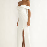 Rider Off-Shoulder Front Split Maxi Dress White