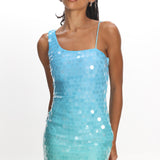 Nights In Portofino Asymmetric Shoulder Sequin Mini Dress Blue Multi