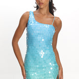 Nights In Portofino Asymmetric Shoulder Sequin Mini Dress Blue Multi