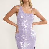 Nights In Portofino Asymmetric Shoulder Sequin Mini Dress Purple