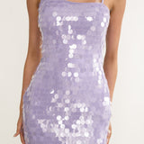 Nights In Portofino Asymmetric Shoulder Sequin Mini Dress Purple
