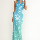 Kirralee Asymmetric Halterneck Sequin Maxi Dress Blue Multi