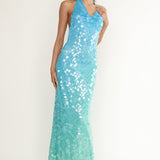 Kirralee Asymmetric Halterneck Sequin Maxi Dress Blue Multi