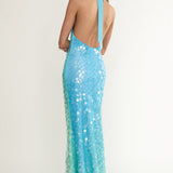 Kirralee Asymmetric Halterneck Sequin Maxi Dress Blue Multi