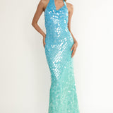 Kirralee Asymmetric Halterneck Sequin Maxi Dress Blue Multi
