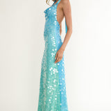 Kirralee Asymmetric Halterneck Sequin Maxi Dress Blue Multi
