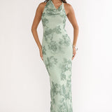 Kirralee Asymmetric Halterneck Embellished Maxi Dress Aqua Green
