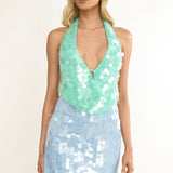Sirenuse Backless Halter Top Sequin Green