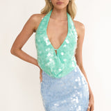 Sirenuse Backless Halter Top Sequin Green