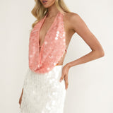 Sirenuse Backless Halter Top Sequin Peach