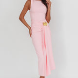 Zimora Gold Buckle Waist Drape Maxi Dress Pink